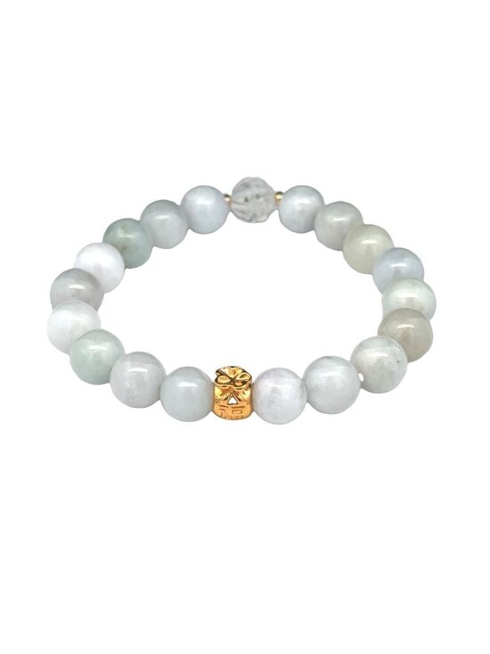 RAFANTHIA Jewelry - 18K Solid Gold Money Bag Lucky Charm Bracelet Natural Jade & Clear Quartz Lotus